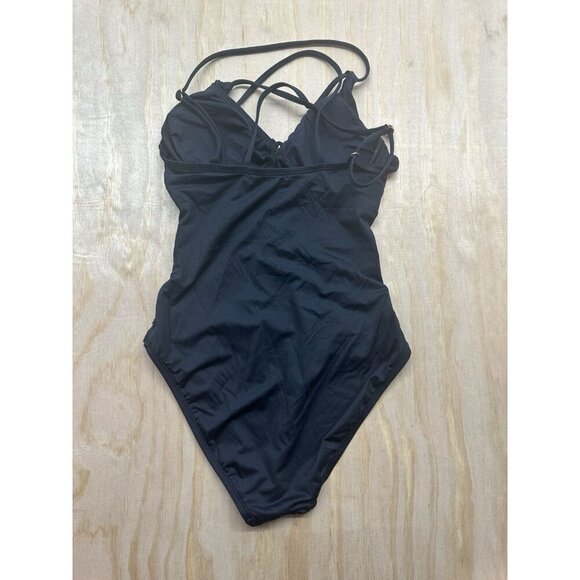 La Blanca Sz 4 Black Swimsuit Padded Underwire Bra One Piece Cut Outs Runching - Picture 2 of 3